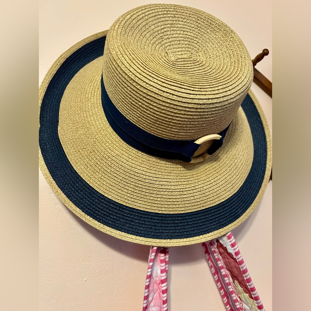 Morgan & Taylor Raffia Straw Sun Hat Navy Trim Wide Brim Beach Resort - Picture 2 of 5